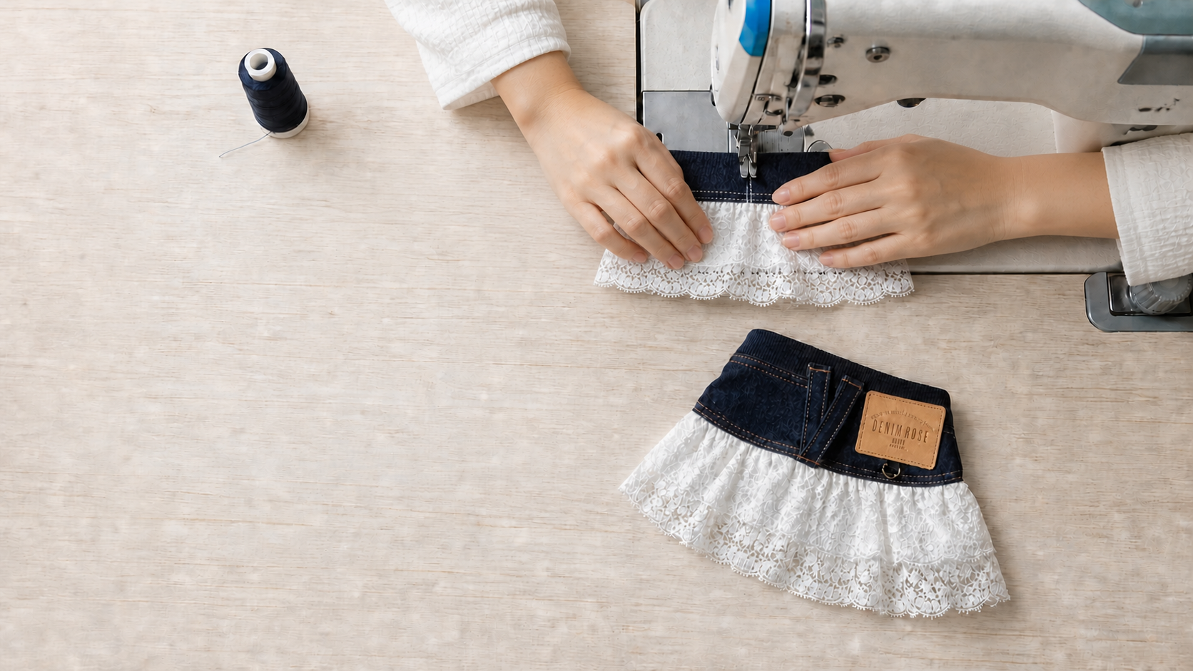 A DENIM ROSE garment being carefully sewn